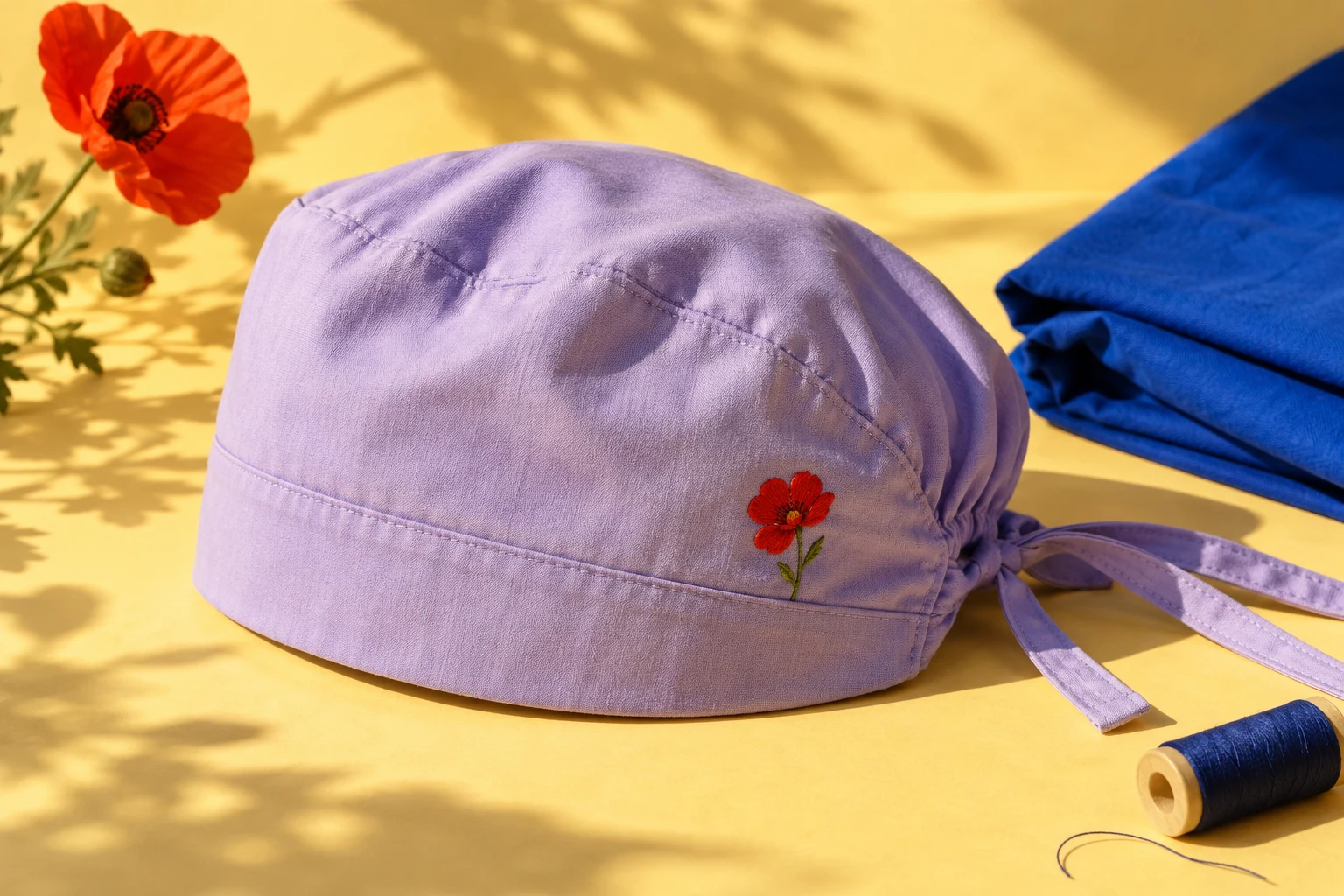 Lavender cotton scrub cap with a small embroidered red flower, in sunlight